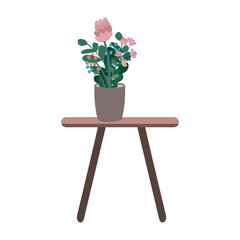 Poster - Coffee table with houseplant semi flat color vector object. Beautiful flowers. Full sized item on white. Flowering plant in pot simple cartoon style illustration for web graphic design and animation