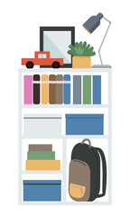 Poster - Kids bookcase semi flat color vector object. Full sized item on white. Books and toys. Storage cabinet for children room simple cartoon style illustration for web graphic design and animation