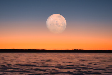 Wall Mural - lake in ice in spring against the backdrop of a red sunset