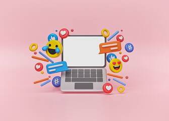 Poster - minimal laptop surrounded with social media colorful icons. 3d rendering