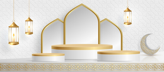 Wall Mural - Islamic 3d podium round stage for Eid Mubarak, Ramadan Kareem, Muharram, Iftar on color background