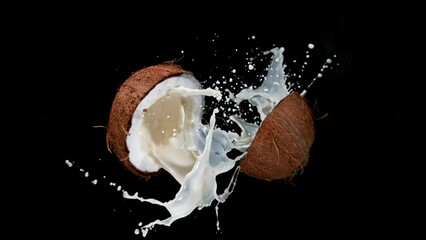 Poster - Cracked coconut with splashing milk, super slow motion filmed on high speed cinematic camera at 1000 fps.
