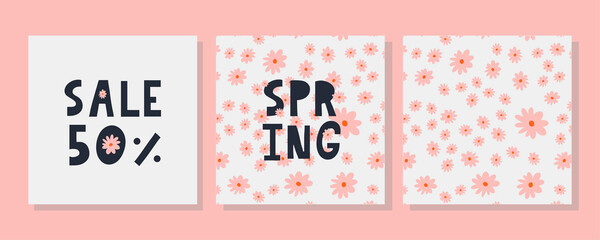 Sticker - Hello Spring hand logotype, badge typography icon. Lettering spring season with leaf for greeting card, invitation template. Retro, vintage lettering banner poster template background, Sale, offer