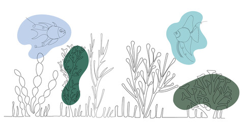 Wall Mural - algae drawing in one continuous line, isolated, vector