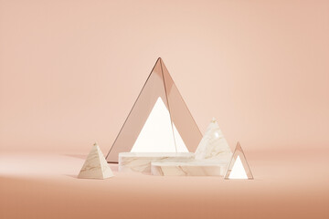 Minimal scene with stone podium and triangle lights on the floor. Abstract cosmetic background for beauty. Pastel pink colors scene. Feminine copy space template 3d render