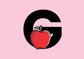 G initial letter with red apple in stiff art style