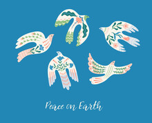 Peace On Earth. Set Of Doves Of Peace. Vector Clipart. Elements For Card, Poster, Flyer And Other