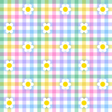 Pastel Rainbow Daisy Flower Scott Plaid Tartan Checkered Gingham Pattern Illustration Tablecloth, Picnic Mat Wrap Paper, Mat, Fabric, Textile, Scarf