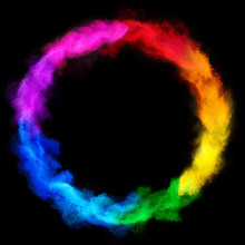 Colorful Rainbow Holi Paint Color Powder Explosion Ring Circle Isolated Dark Black Wide Panorama Background. Peace Rgb Beautiful Party Concept