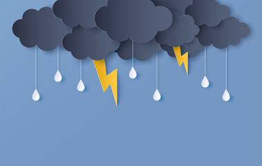 Wall Mural - Paper cut of clouds and drops rain  with lightning on purple dark background, copy space. Vector illustration