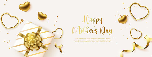 Wall Mural - Happy mother's day 3D golden love heart and present gift box with ribbon flower