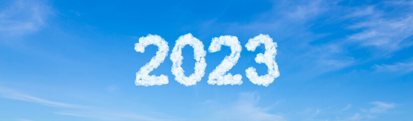 Wall Mural - Year 2023 word made of clouds on blue sky background