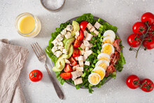 Healthy American Cobb Salad With Egg Bacon Avocado Chicken Tomato. Hearty Keto Low Carb Diet