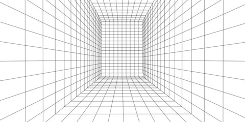 Poster - 3d wireframe room white on blue background. abstract perspective grid. vector illustration.