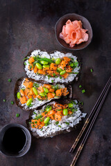 Wall Mural - Vegan Sushi Tacos with Plant based salmon, wakame and edamame