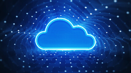 Fototapete - Storage technology concepts transfer data to cloud computing platforms. A large cloud icon stands out in the glowing center and a small cloud icon between polygons connected to a dark blue background.