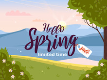 Banner Spring Sale. Beautiful Evening Landscape. The Yacht Floats On The Lake, River. Mountains And Water. Sunset Sky. Flowering Bushes. Vector Illustration For Background, Website, Posters, Flyers