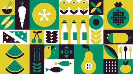 Wall Mural - Food geometric mosaic background. Natural organic fruit vegetable pattern simple swiss bauhaus style. Vector illustration