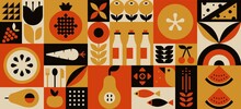 Organic Food Geometric Mosaic Background. Natural Fruit Vegetable Pattern Simple Swiss Bauhaus Style. Vector Illustration