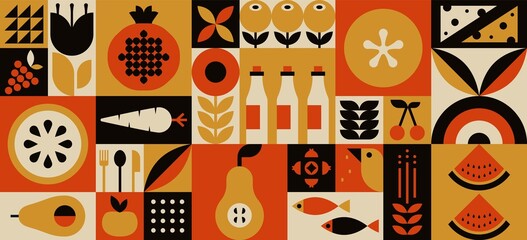 Wall Mural - Organic food geometric mosaic background. Natural fruit vegetable pattern simple swiss bauhaus style. Vector illustration