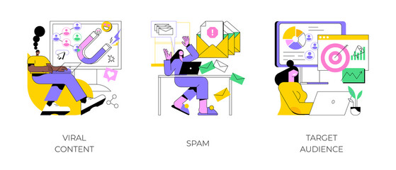 Poster - social media marketing strategy abstract concept vector illustration set. viral content, spam, targe