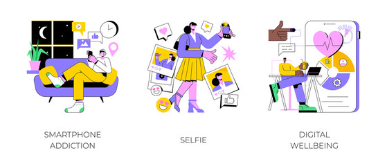 Fototapete - digital culture abstract concept vector illustration set. smartphone addiction, selfie, digital well