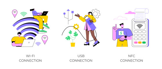 Poster - Device connectivity abstract concept vector illustration set. Wi-fi, USB and NFC connection, network access, cable data transfer, hard drive, USB port, contactless card payment abstract metaphor.