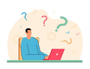 Wall Mural - Confused person sitting with laptop and question marks. Puzzled young man thinking about answer flat vector illustration. FAQ, research, stress concept for banner, website design or landing web page