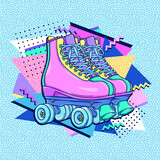 Roller skates 90s style poster. Retro roller skates. 90s fashion. Disco style. 1990s trendy illustration. Nostalgia for the 90s.