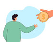 Cartoon man reaching for gold coin in big hand. Male character taking loan in bank or borrowing money from friend flat vector illustration. Financial help, debt concept for banner or landing web page