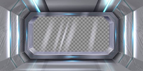 space ship interior, vector 3d space station inside view, spacecraft glass window, futuristic metal 