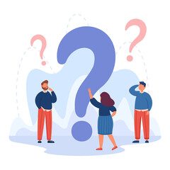 Fototapete - tiny cartoon business people standing around huge question mark. male and female persons asking for 