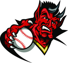 Devil Mascot Holding A Baseball For School, College Or League