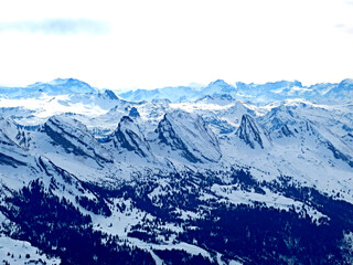  Snowy peaks of the Swiss alpine mountain range Churfirsten (Churfürsten or Churfuersten) in the Appenzell Alps massif - Canton of Appenzell Innerrhoden, Switzerland (Schweiz)