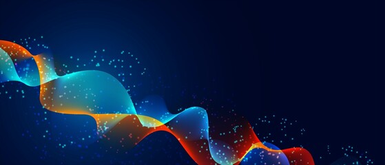 Poster - Abstract technological blue background, musical wave design. Texture of light paths, glowing star. Fire and ice. Poster digital data, sound wave, plexus of energy, information network. Physics. Vector