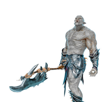 green orc holding a huge axe in a white background side view