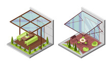 Set Of Inner Courtyard Isometric Compositions With Patio. Houses With A Private Terrace And Transparent Glass Cover. Covered Verandas For Table Place. Modern Architecture