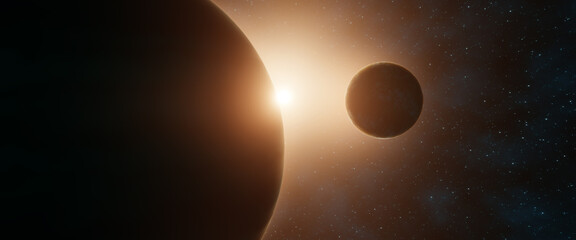 Close-up view of two planets in the space with a sun appearing from behind in the distance. Fantasy and science fiction scene. 3D Rendering