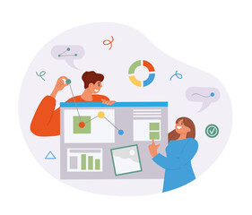 Poster - New project concept. Man and girl make plan, employees evaluate schedules, set goals. Hardworking colleagues, motivation and development of company, coworking. Cartoon flat vector illustration