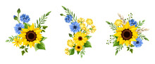 Blue And Yellow Sunflowers, Gerbera Flowers, Cornflowers, Dandelion Flowers, And Green Leaves. Set Of Three Bouquets Isolated On A White Background
