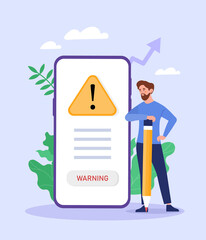 Poster - concept of warning. man with pencil stands near smartphone, error or warning about potential virus. 