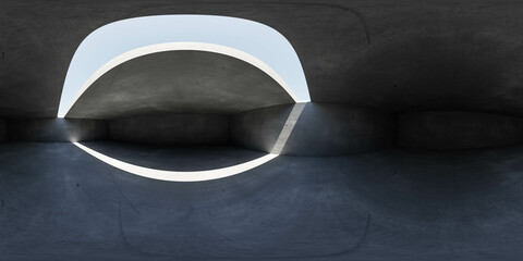 Poster - 360 degree full panorama environment map of empty concrete basement interior with sky and day lighting 3d render illustration hdri hdr vr virtual reality content