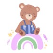 A cute teddy bear sits on a rainbow. Illustration for baby poster. Flat illustration isolated on white background 
