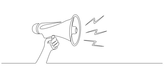 One continuous line drawing of public horn speaker. Megaphone symbol of marketing promotion in simple linear style. Business concept for attention and job offer. Doodle vector illustration