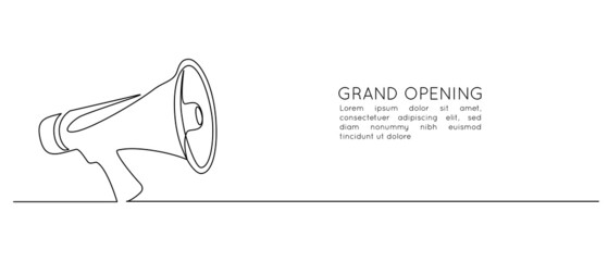 Poster - Public horn speaker in One continuous line drawing. Megaphone symbol of marketing promotion in simple linear style. Business concept for attention, grand opening and job offer. Vector illustration