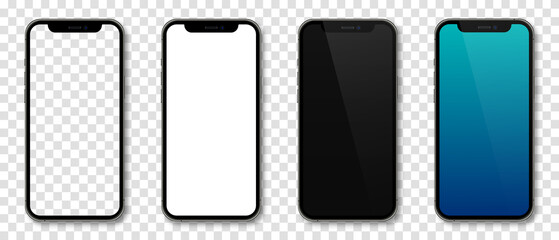 Poster - Realistic models smartphone with transparent screens. Smartphone mockup collection. Device front view. 3D mobile phone with shadow. Vector illustration