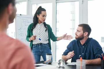 Poster - A new product needs a great marketing campaign. Shot of a team of young businesspeople sitting in on a presentation in a modern office.