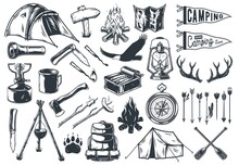 Set Of Camping Elements With Eagle, Tent And Campfire, Map And Compass