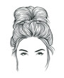 Pretty woman with a messy bun hairstyle. Hand drew vector line art illustration on white background