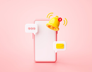 Fototapete - Smartphone message e-mail notification icon website ui on pink background 3d rendering illustration